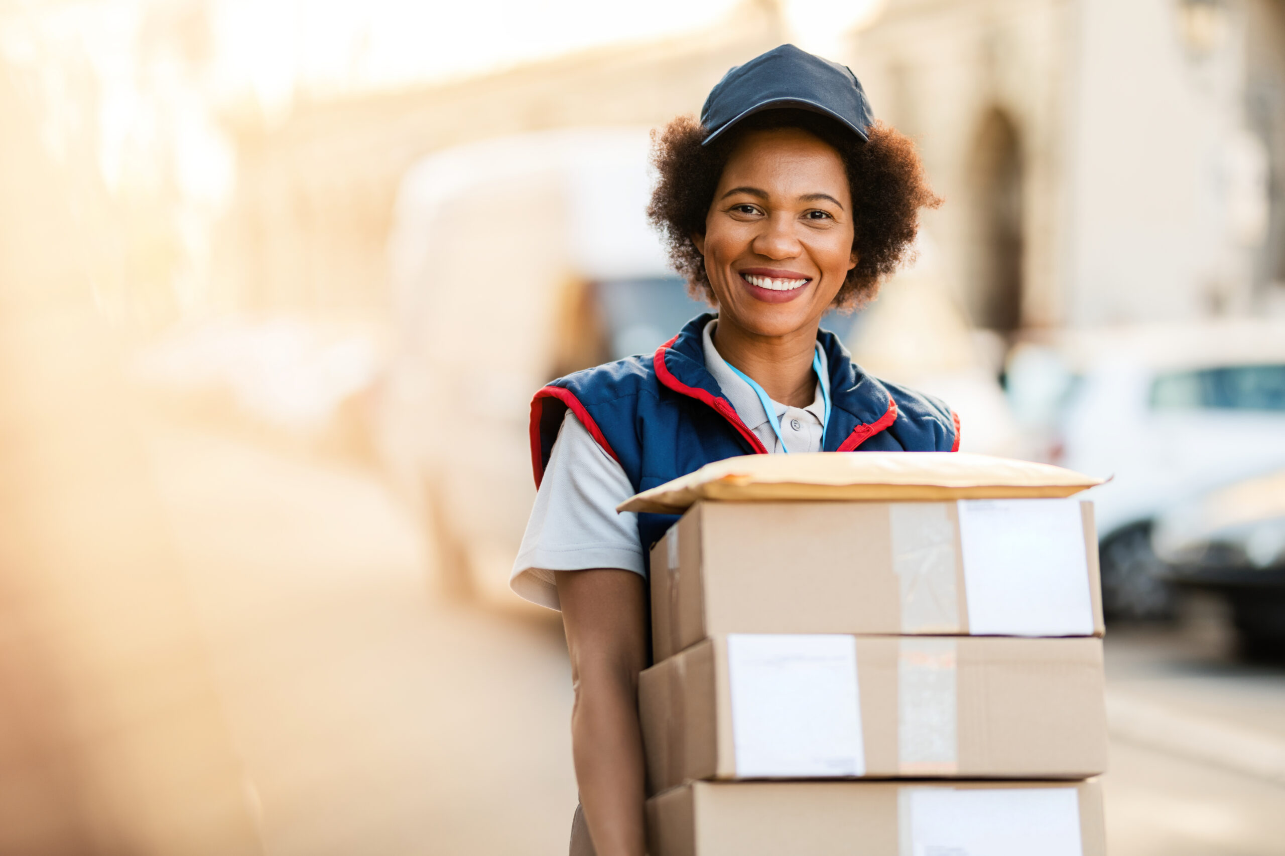 portrait happy black courier delivering packages looking camera scaled